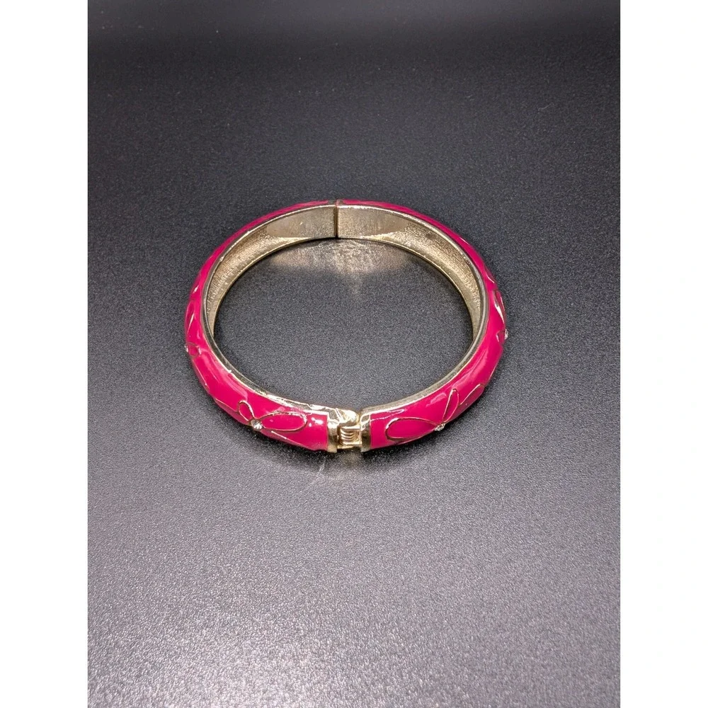 Pink Enamel Gold Tone Hinged Bangle Bracelet Floral Rhinestone Costume Jewelry